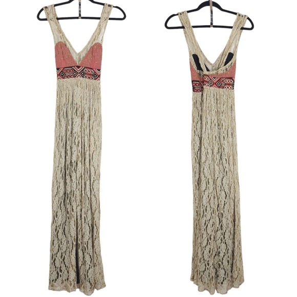 Free People Maxi Dress Blackened Crushed Gold Lace Embroidered Beaded RARE! - Picture 3 of 16